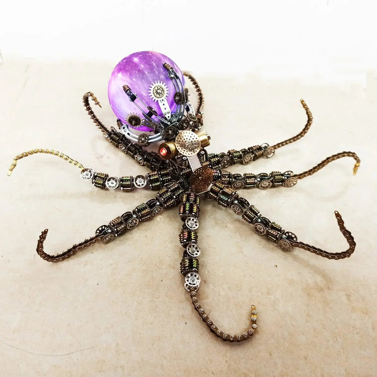 Metal octopus model with a purple nebula orb and a 16 color LED base as a steampunk gift for adult hobbyists and teens Moon light Sky Light