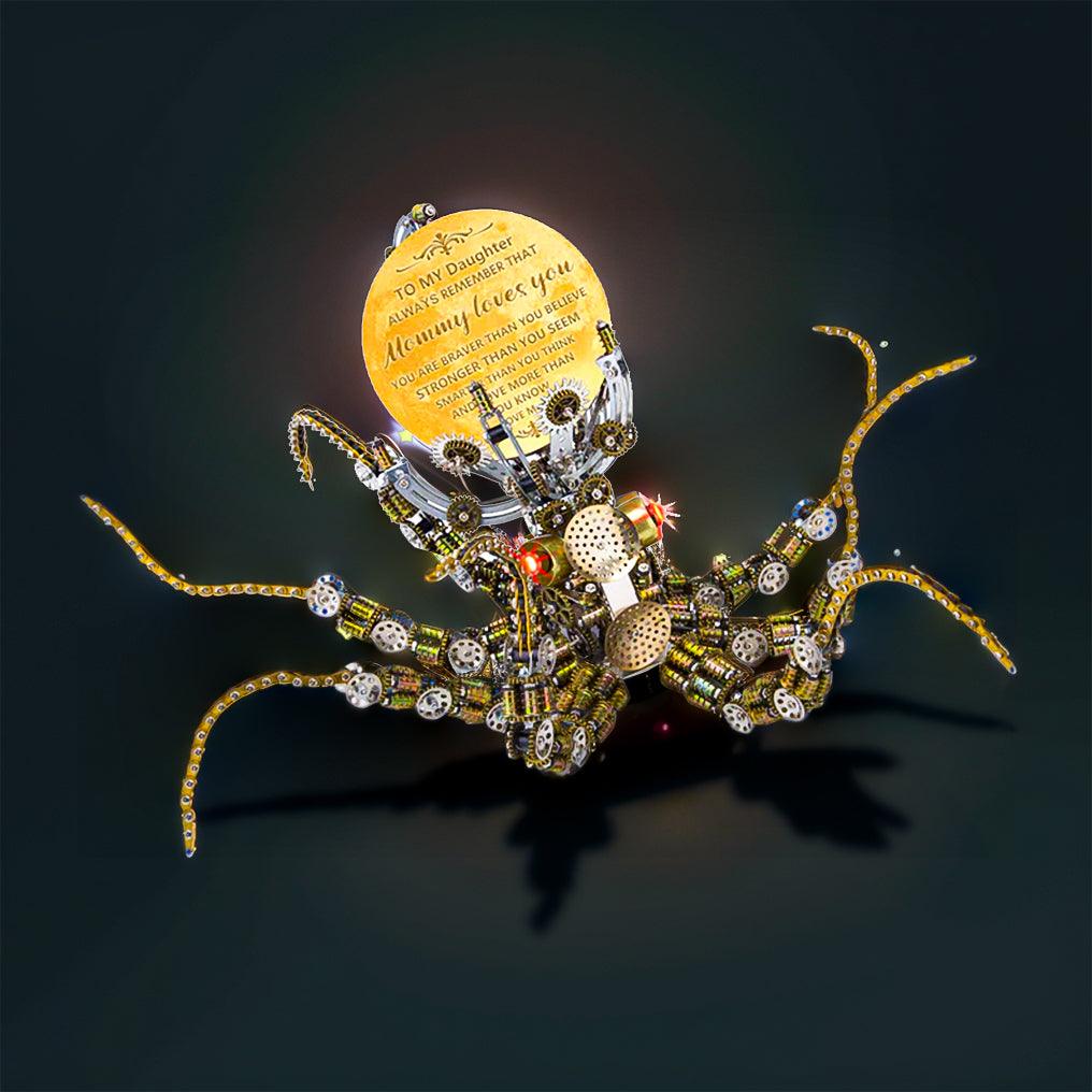 Metal steampunk octopus with adjustable tentacles and a five claw head built from a 2400 piece model kit for adults Star light Galaxy Light