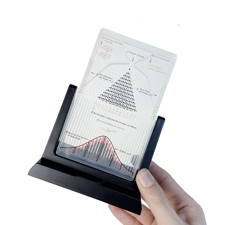 Handheld binomial distribution board with about 3,000 steel beads forming a normal distribution curve, STEM gift idea