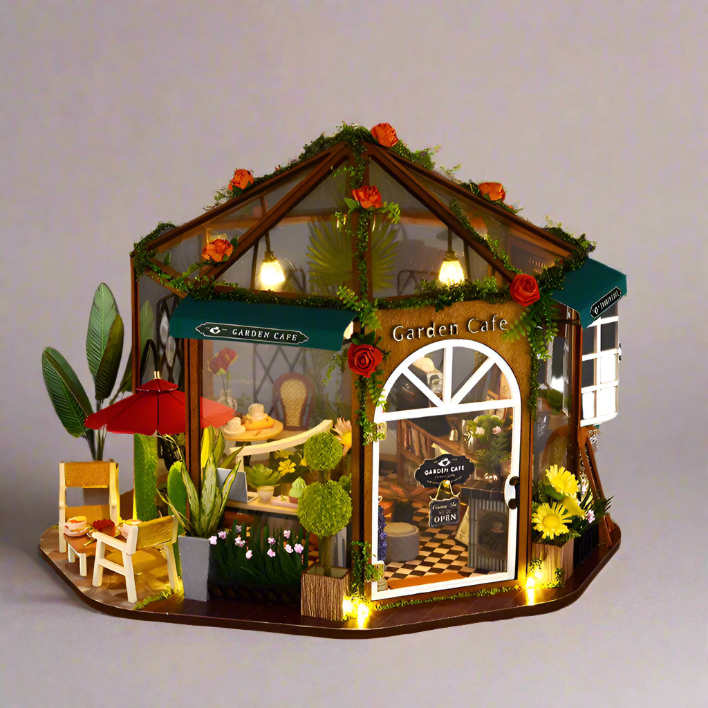 Garden Cafe miniature dollhouse kit, a 1:24 scale model house with warm LED lighting built for adult crafters