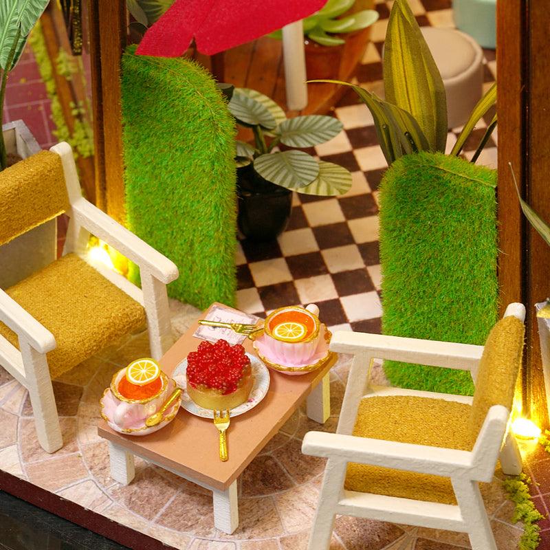 Finished garden cafe miniature house with a dust cover, desk decor and a handmade gift for miniature fans