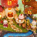 Storybook woodland retreat with mushroom homes, forest creatures and a cascading waterfall, a rewarding miniature building set