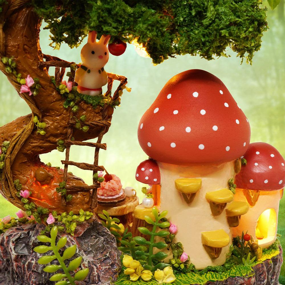 Red toadstool cottage and spiral tree with a climbing ladder, a whimsical fairy garden model kit and handmade shelf decor