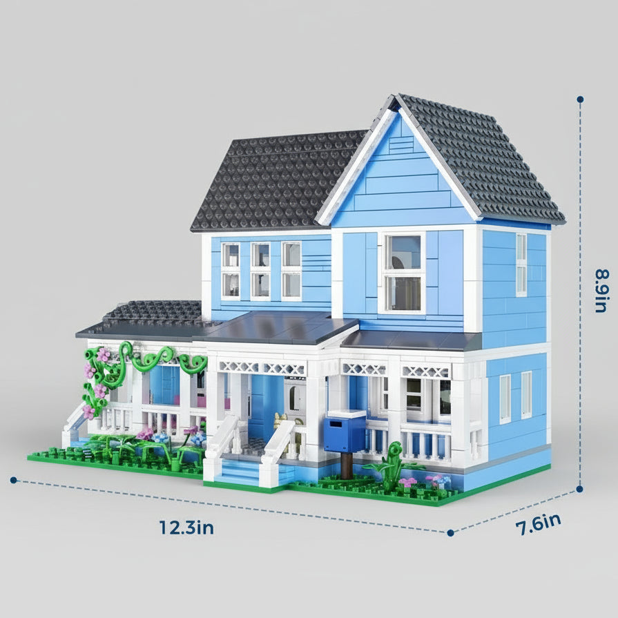Toy house model with blue and white colors, featuring a porch and garden, on a gray background with measurements indicated.