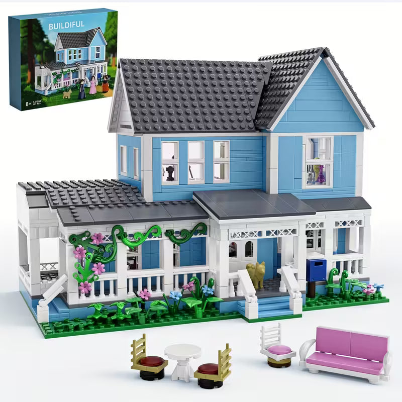 Assembled Gilmore Girls house from Stars Hollow in blue and white, a two floor building block model and gift for TV fans