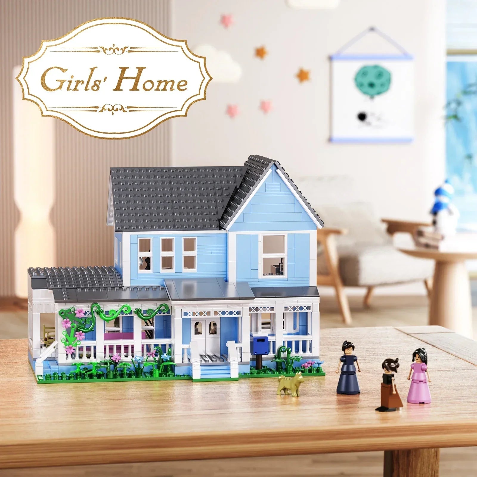 Furnished porch, kitchen, and bedroom rooms in the block house, a detailed Gilmore Girls building set for TV show collectors