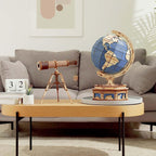 Wooden globe and monocular telescope model set built as living room desk decor and a STEM gift for curious adults