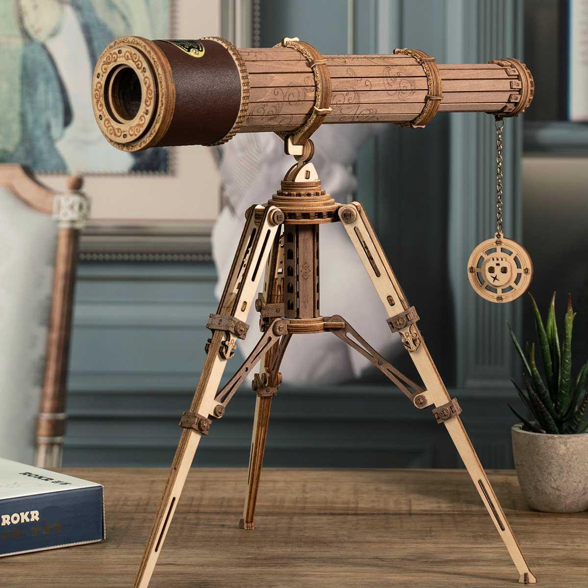 Functional monocular telescope wooden kit with glass lenses and an adjustable tripod, an astronomy gift for hobbyists