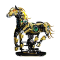 Golden mechanical horse building blocks kit with 1055 pieces and poseable legs, a display ready brick stallion for adults