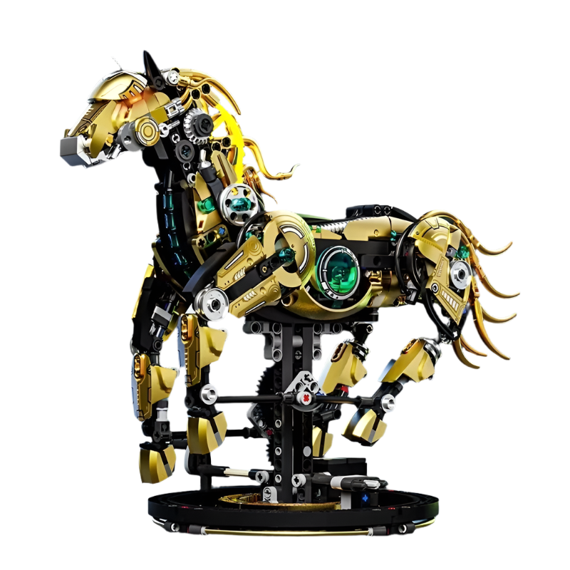 Golden mechanical horse building blocks kit with 1055 pieces and poseable legs, a display ready brick stallion for adults