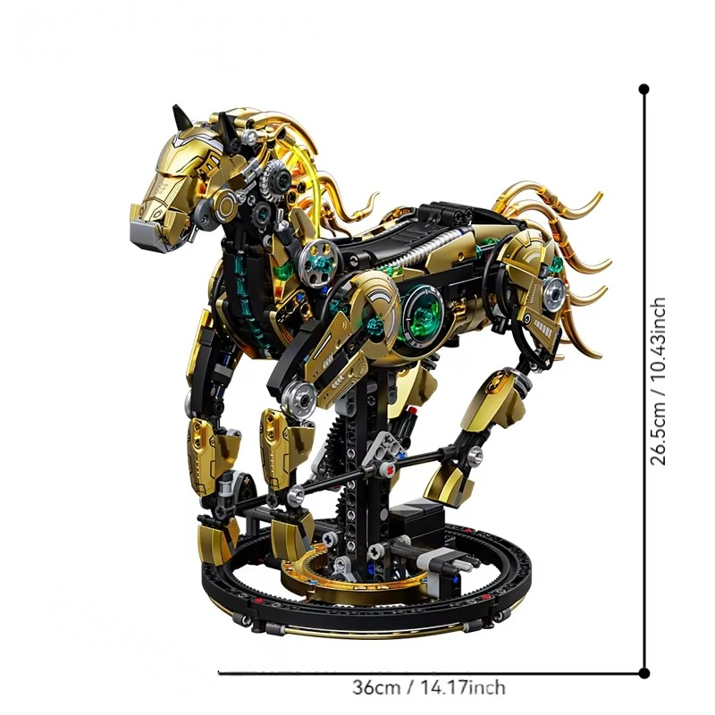 Large 36 cm golden brick stallion model with poseable limbs, a mechanical horse display piece for a desk or office shelf