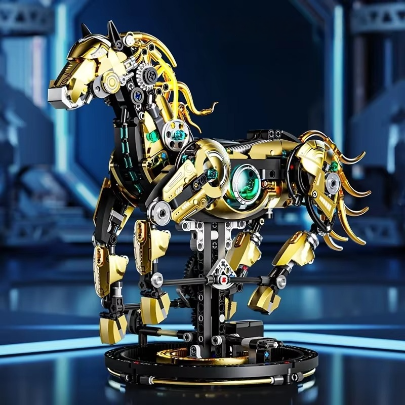 Mechanical horse model with golden armor plating and internal gearing, an ABS brick building set for teen and adult fans