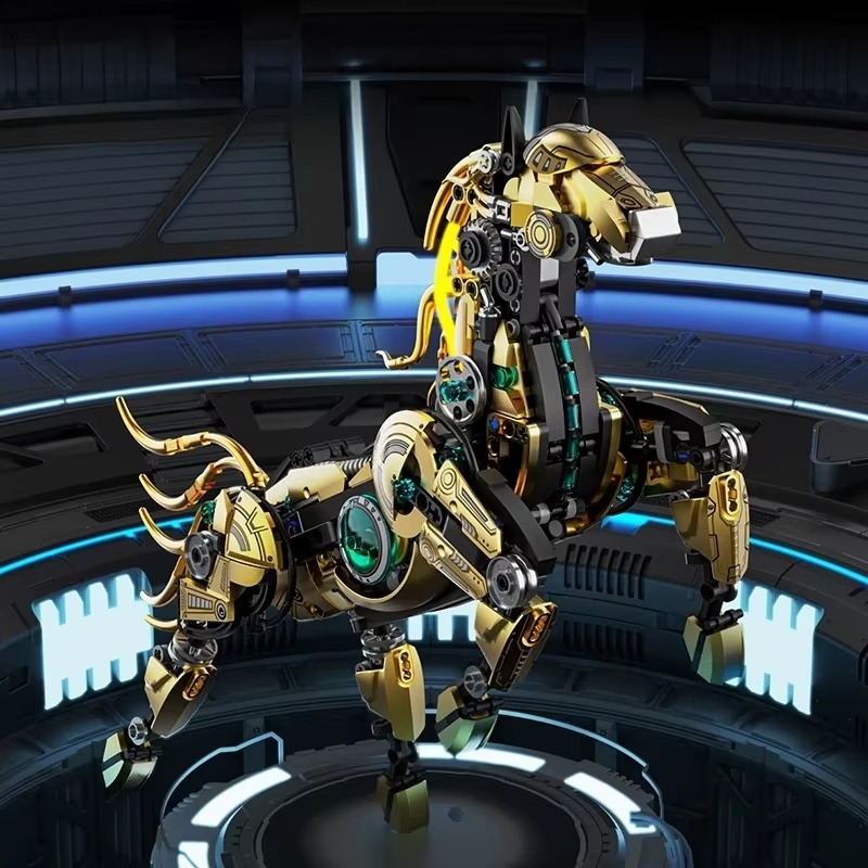 Poseable mechanical stallion in a rearing pose with articulated legs and body, a STEM construction kit for older builders