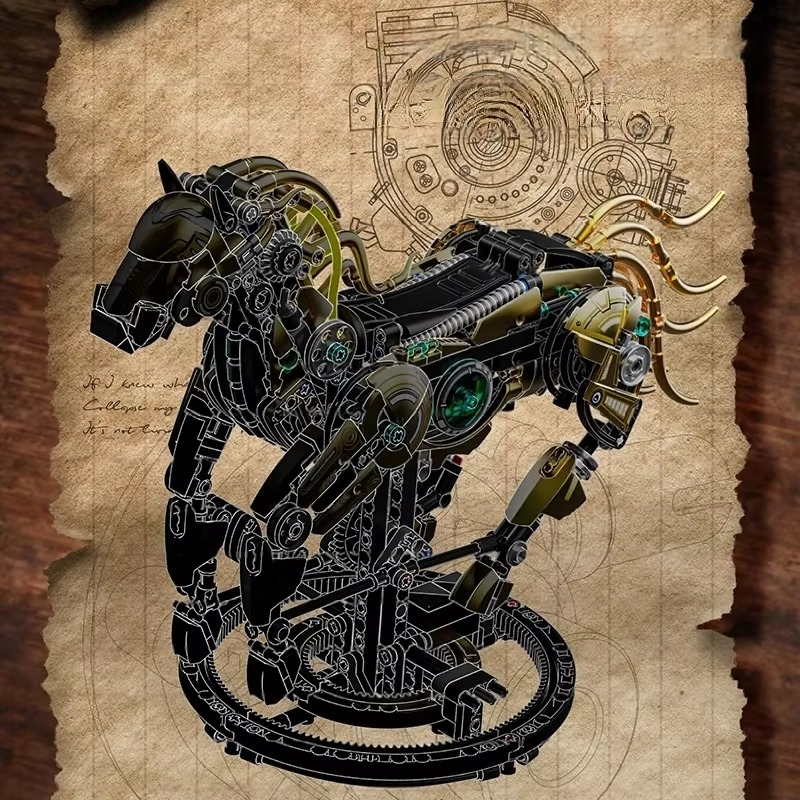Mechanical horse building kit showing gear driven joints and an armored frame, an engineering model for adult builders