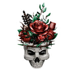Gothic skull roses bouquet building blocks set with a skeleton planter base and layered red roses for adult dark decor