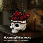 Candlelit gothic rose skull display, a dark floral building blocks centerpiece for a mantel and year-round Halloween decor