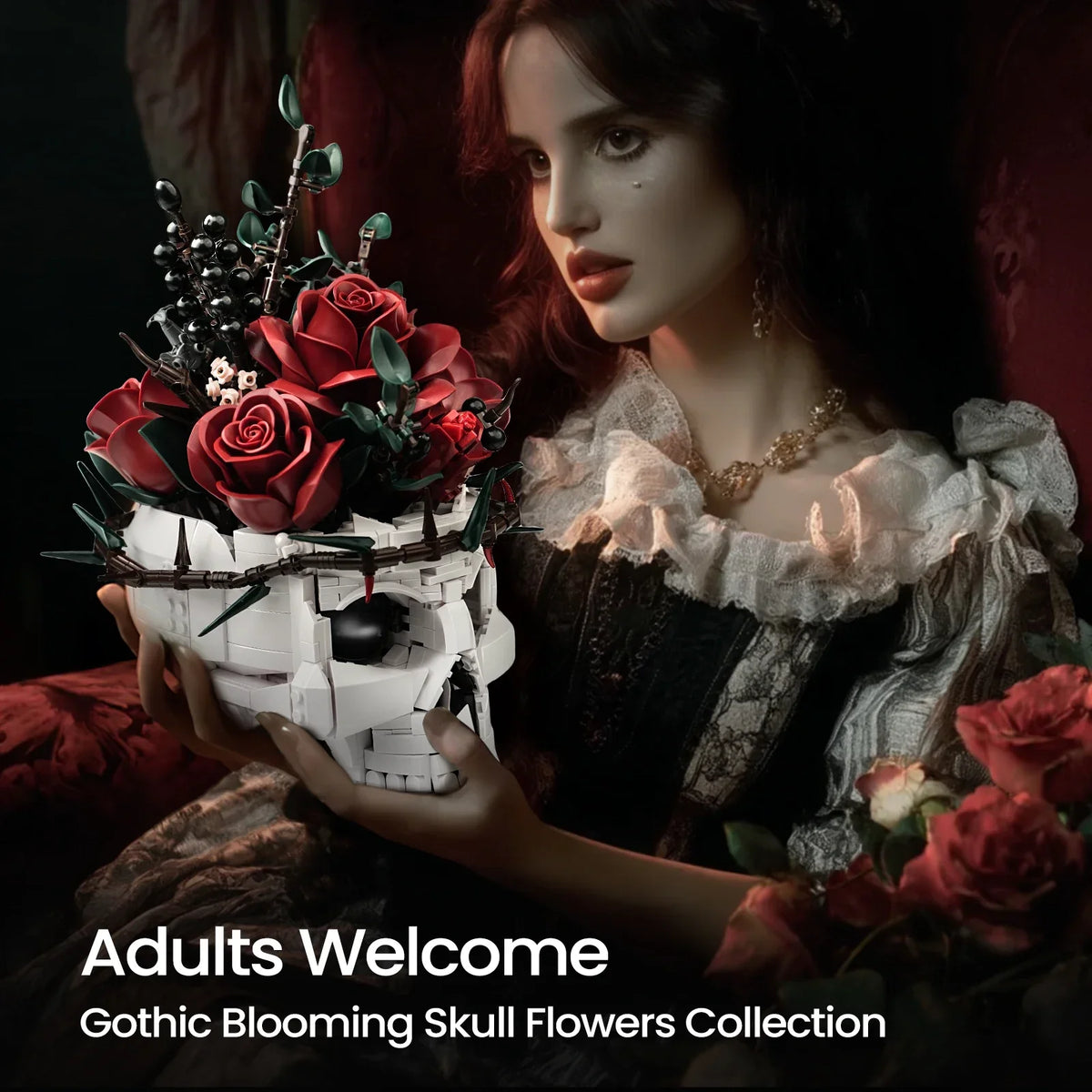 Adult gothic building kit with a skull rose bouquet, an anti-valentine gift and dark aesthetic centerpiece for flower fans