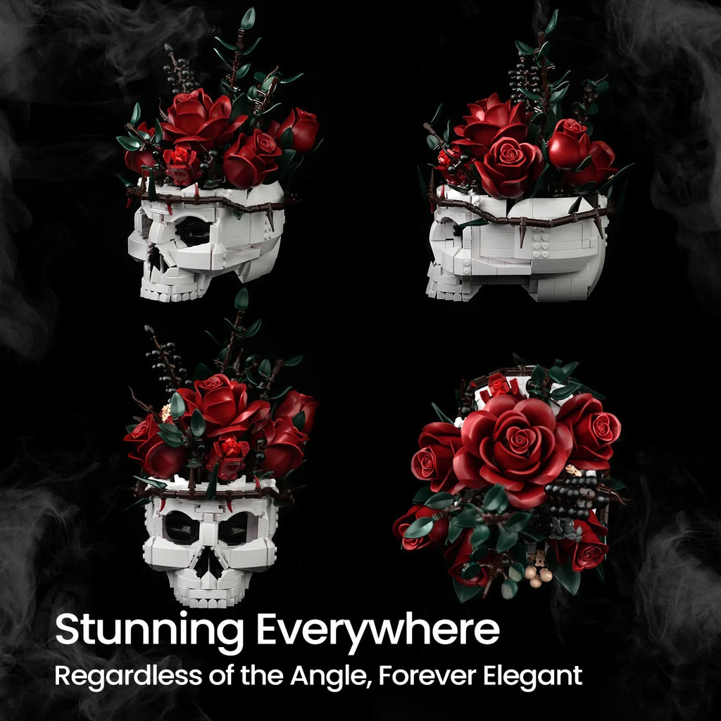 Skull rose bouquet block set in red, black and purple rose varieties, a collectible gothic floral gift for adult builders