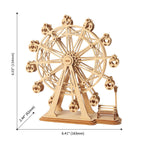 Compact fairground wheel model about 6 inches tall, a laser-cut wooden kit sized for desk, bookshelf, and home decor
