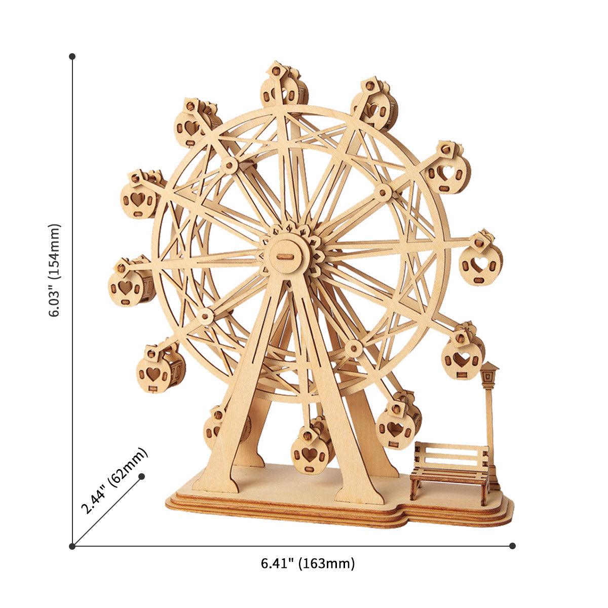 Compact fairground wheel model about 6 inches tall, a laser-cut wooden kit sized for desk, bookshelf, and home decor
