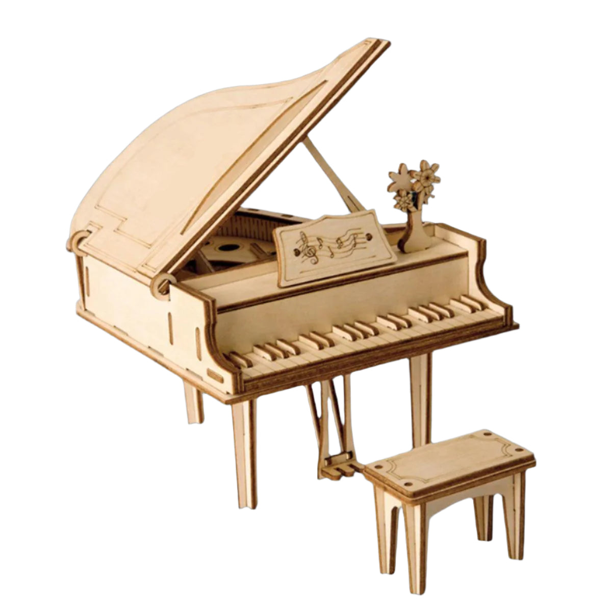 Grand piano 3D wooden puzzle kit with 74 laser-cut pieces, a glue-free miniature model and desk display for music lovers