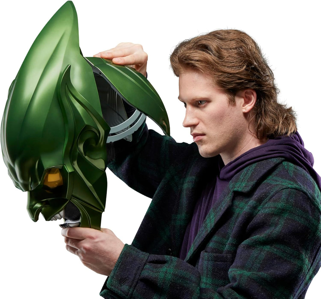 Wearable Green Goblin roleplay helmet with hinged neck open for donning, Marvel Legends display piece for Spider-Man fans