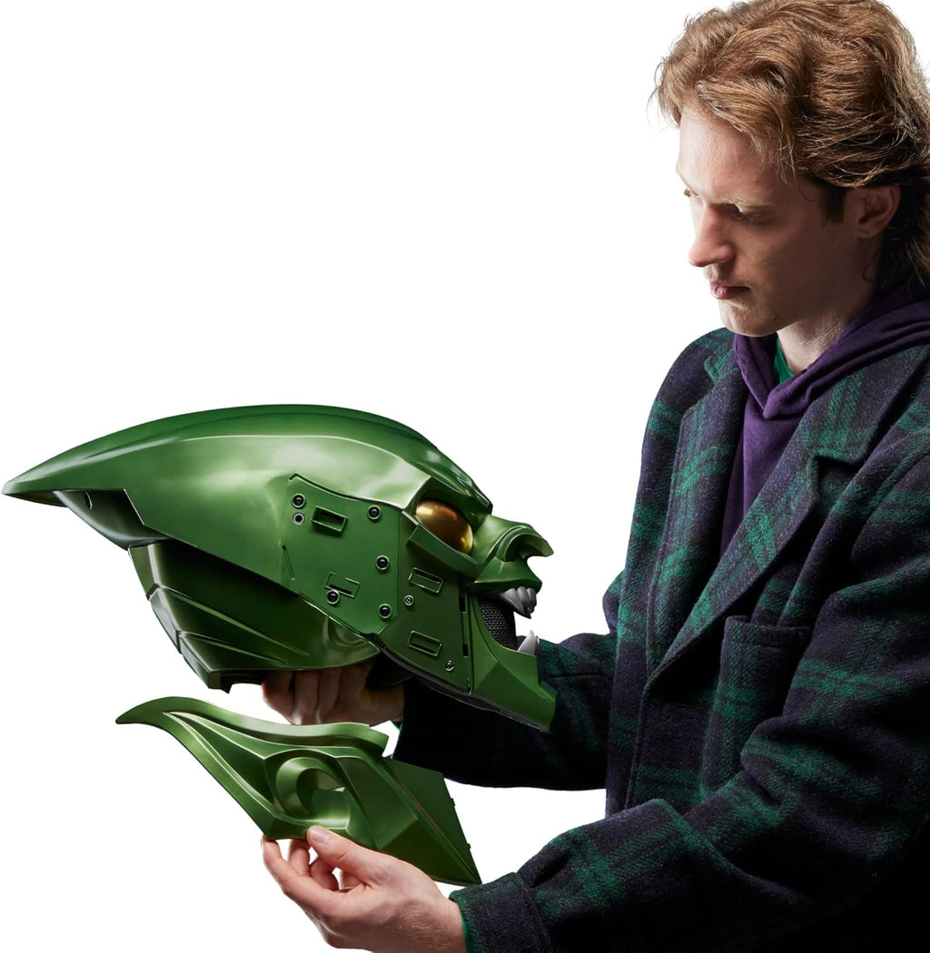 Green Goblin helmet interior with detachable ear piece, adjustable padding and hinged neck for wearable Marvel roleplay