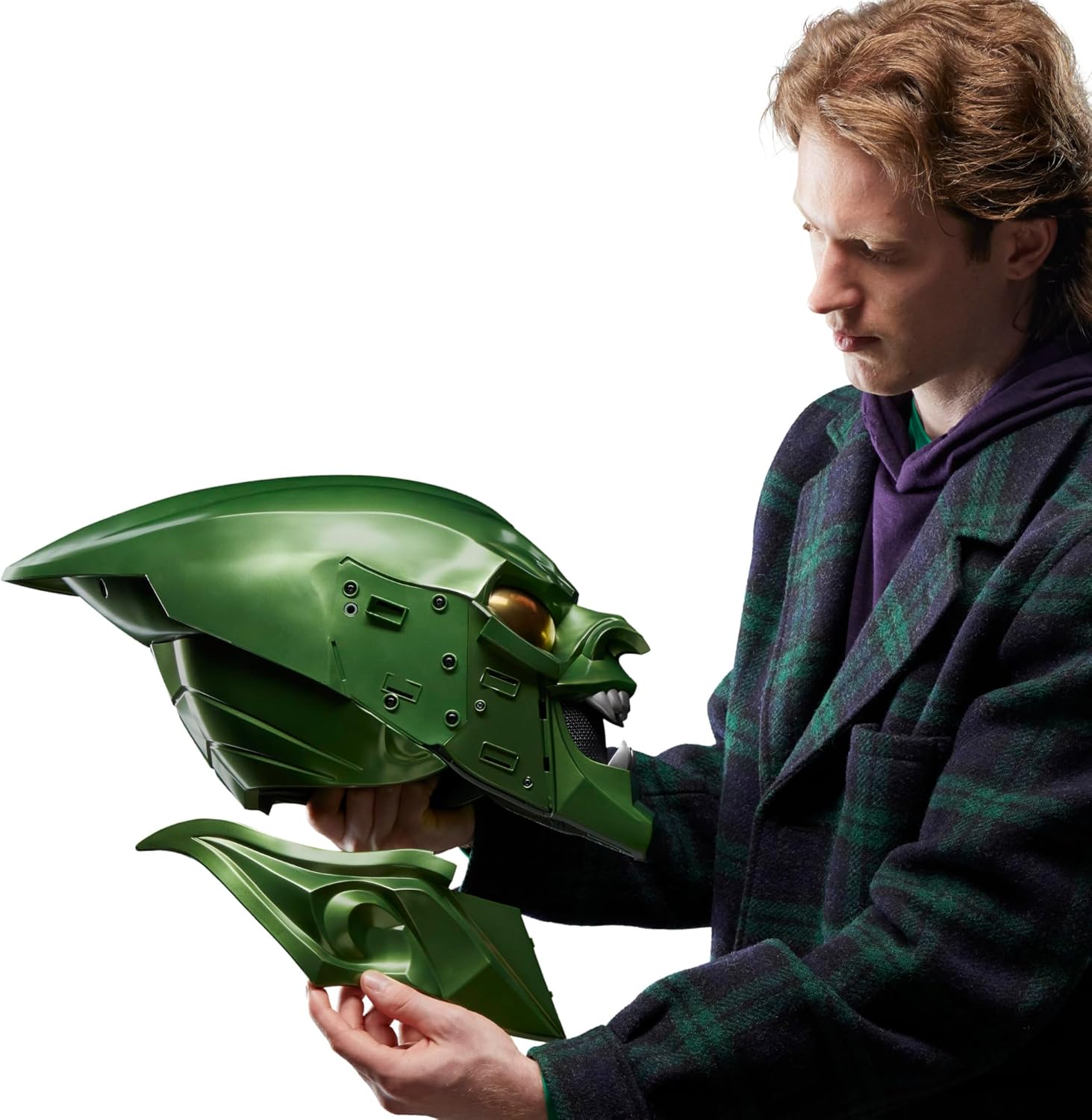 Green Goblin helmet interior with detachable ear piece, adjustable padding and hinged neck for wearable Marvel roleplay