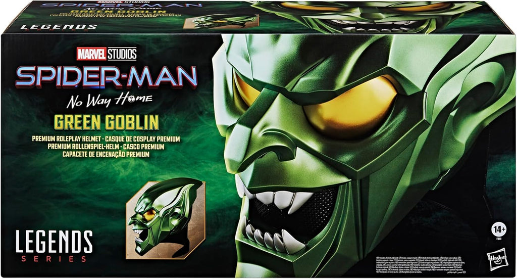 Marvel Legends Green Goblin premium roleplay helmet packaging box, officially licensed Hasbro Spider-Man collectible