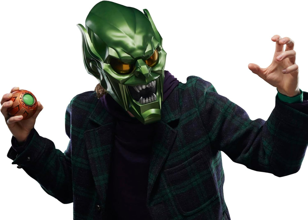 Spider-Man Green Goblin premium helmet for Marvel villain costume, MCU fan cosplay, comic con and Halloween dress-up