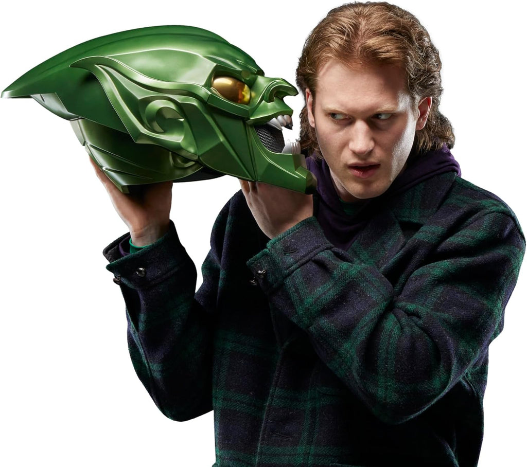 Green Goblin Marvel Legends helmet side profile, pointed ear horns and movie-accurate sculpt for Spider-Man collectors