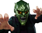 Marvel Legends Green Goblin roleplay helmet worn by adult cosplayer for Halloween costume and Spider-Man villain cosplay events