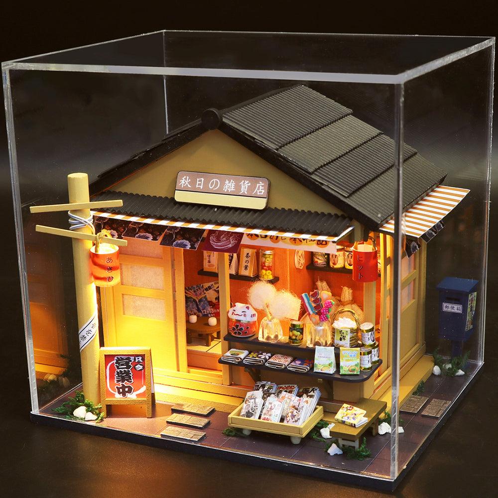 Finished miniature grocery store under a clear dust cover, a 1:24 Japanese market build for shelf display and collectors