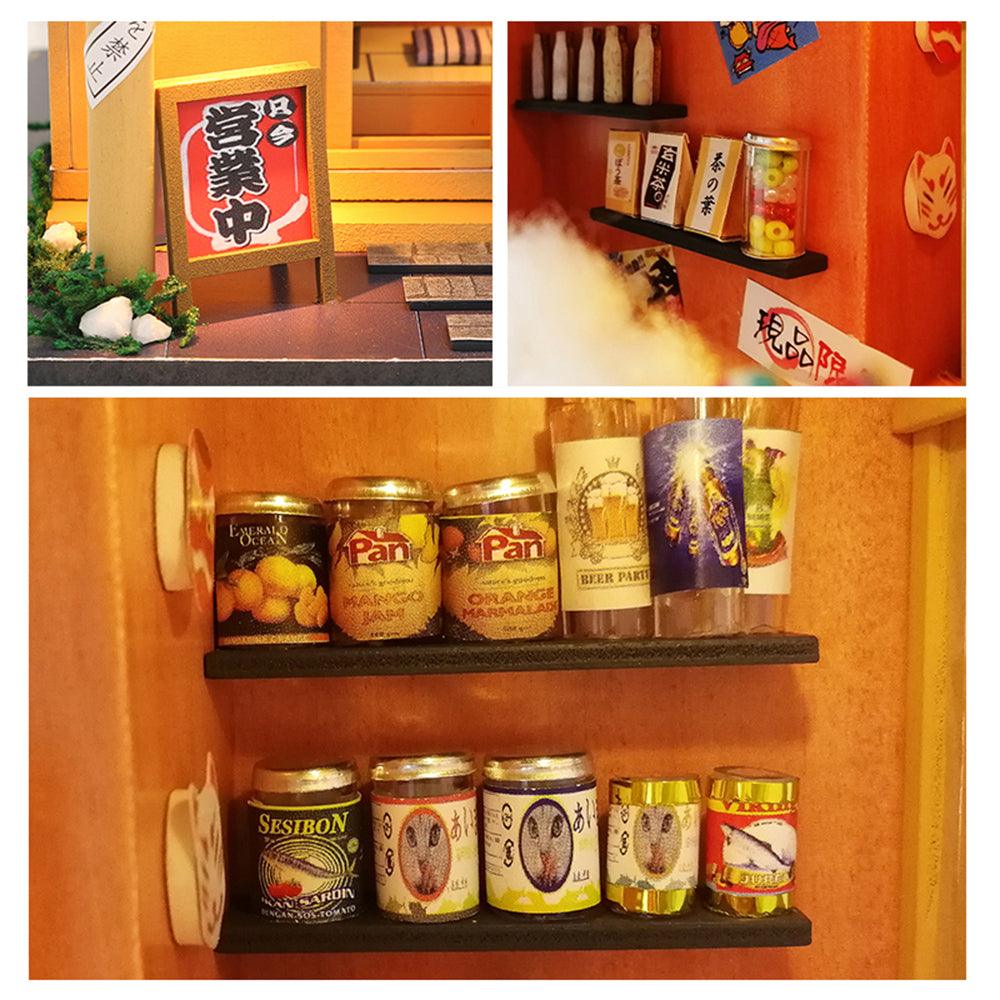 Miniature canned goods and jars on tiny market shelves, a warm LED lit grocery dollhouse for desk decor and hobbyists