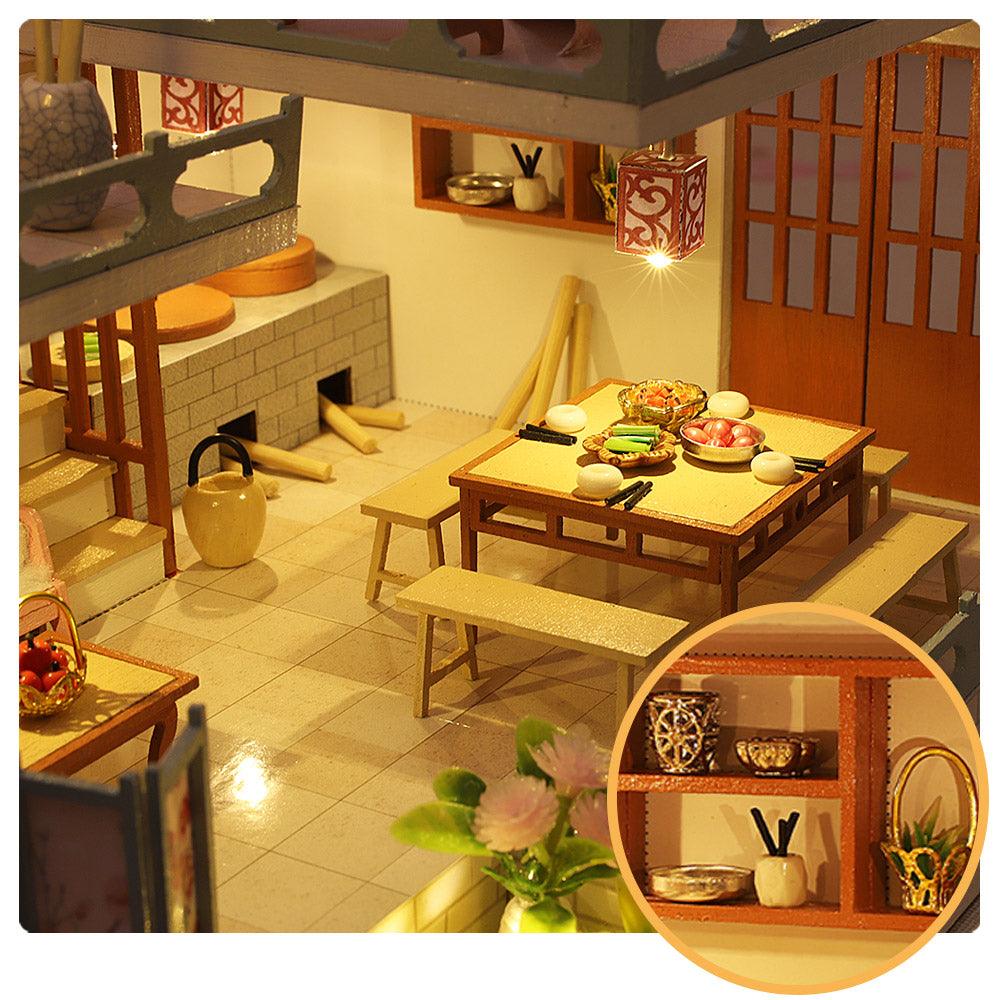 Guqin Pavilion miniature dollhouse kit with lantern lit dining hall and brick stove kitchen, a 1:24 Chinese pavilion for crafters