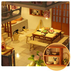 Guqin Pavilion miniature dollhouse kit with lantern lit dining hall and brick stove kitchen, a 1:24 Chinese pavilion for crafters