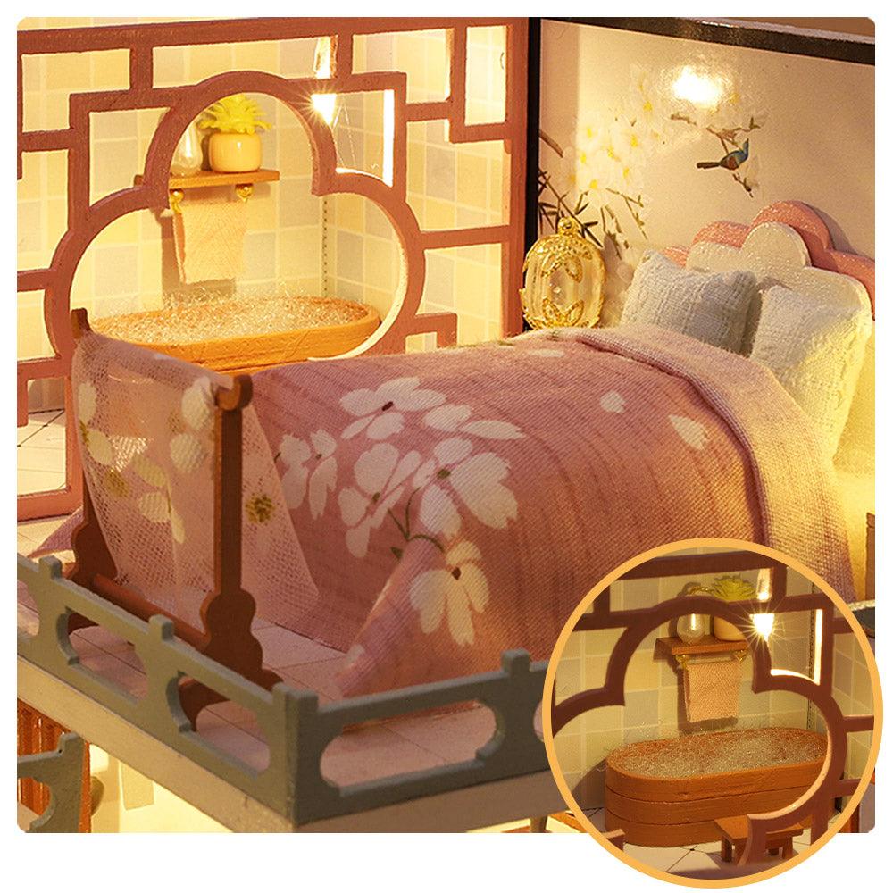 Chinese pavilion miniature bedroom with floral canopy bed and warm LED glow, a 1:24 wooden dollhouse kit for hobby collectors