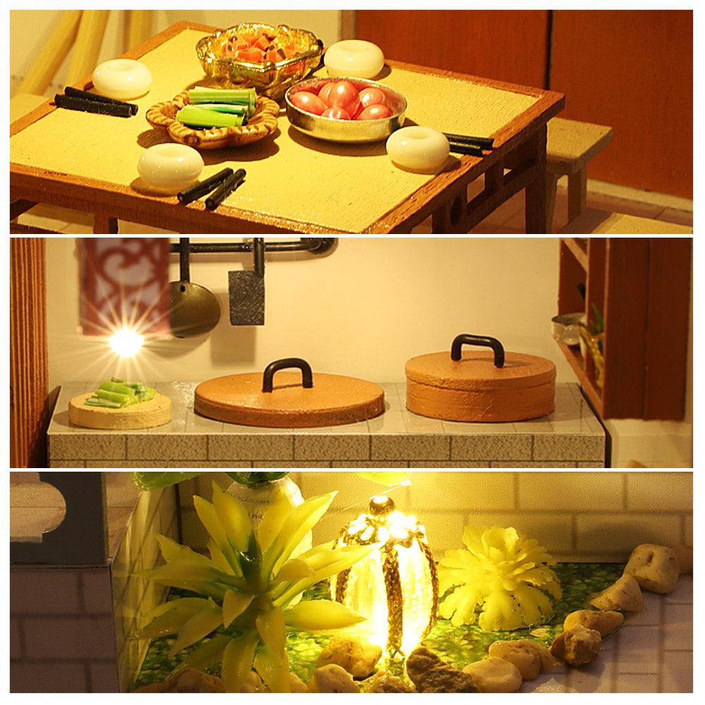 Handcrafted miniature food, kitchen and glowing garden details from a 1:24 Guqin Pavilion dollhouse kit, a build gift for adults