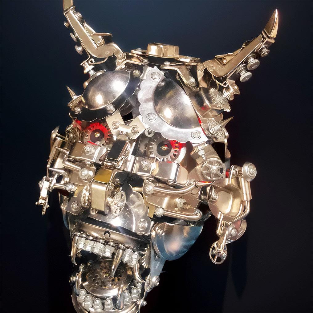 Horned oni mask with bared fangs from Japanese Noh theater folklore, a metal model kit for collectors and wall decor
