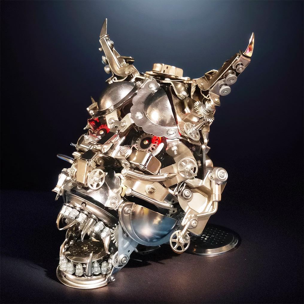 Japanese Hannya mask with wall-mount and desktop stand display, a steampunk metal model kit for home gallery decor