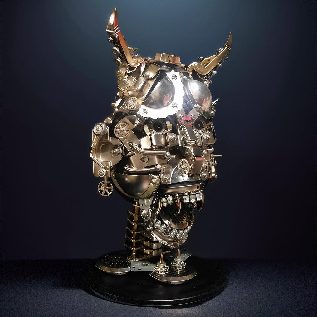 Hannya demon mask with glowing red eyes that light a darkened room, a bold metal puzzle centerpiece for office desks