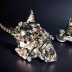 Steampunk mechanical Hannya mask model in metal, a Japanese folklore collectible for adult builders and shelf decor