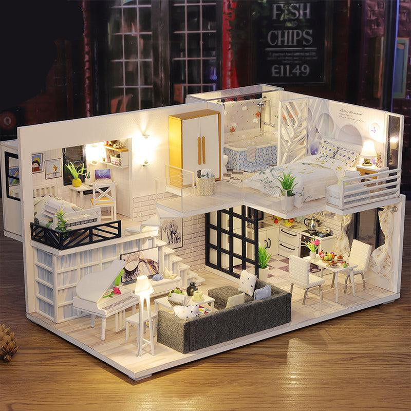 Furnished 1:24 miniature dollhouse kit with a piano living room, kitchen and bedroom, an LED lit model house for adult crafters