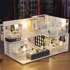 Furnished 1:24 miniature dollhouse kit with a piano living room, kitchen and bedroom, an LED lit model house for adult crafters