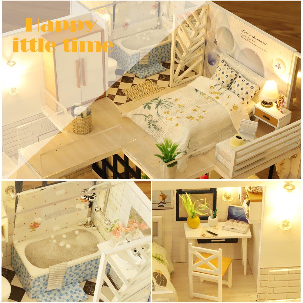Miniature dollhouse bedroom, mosaic bathtub and a study desk with laptop, a 1:24 scale craft model house kit for teens and adults