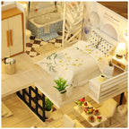 Miniature bedroom and ensuite bathtub scene with floral bedding and a fruit dining table, a 1:24 dollhouse craft kit and gift