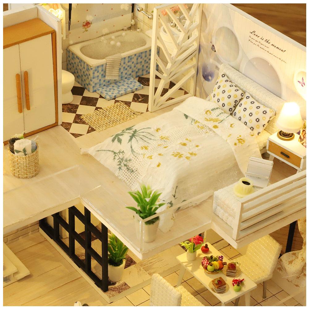 Miniature bedroom and ensuite bathtub scene with floral bedding and a fruit dining table, a 1:24 dollhouse craft kit and gift
