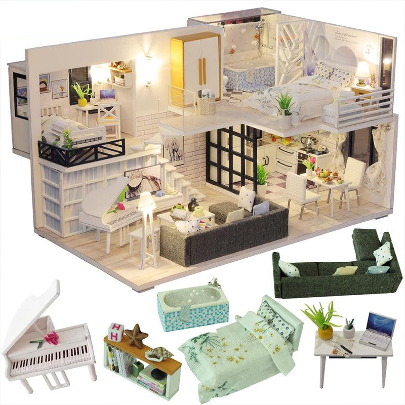 Miniature dollhouse kit with build-it furniture including a grand piano, bathtub, sofa and bed, a 1:24 craft project and gift