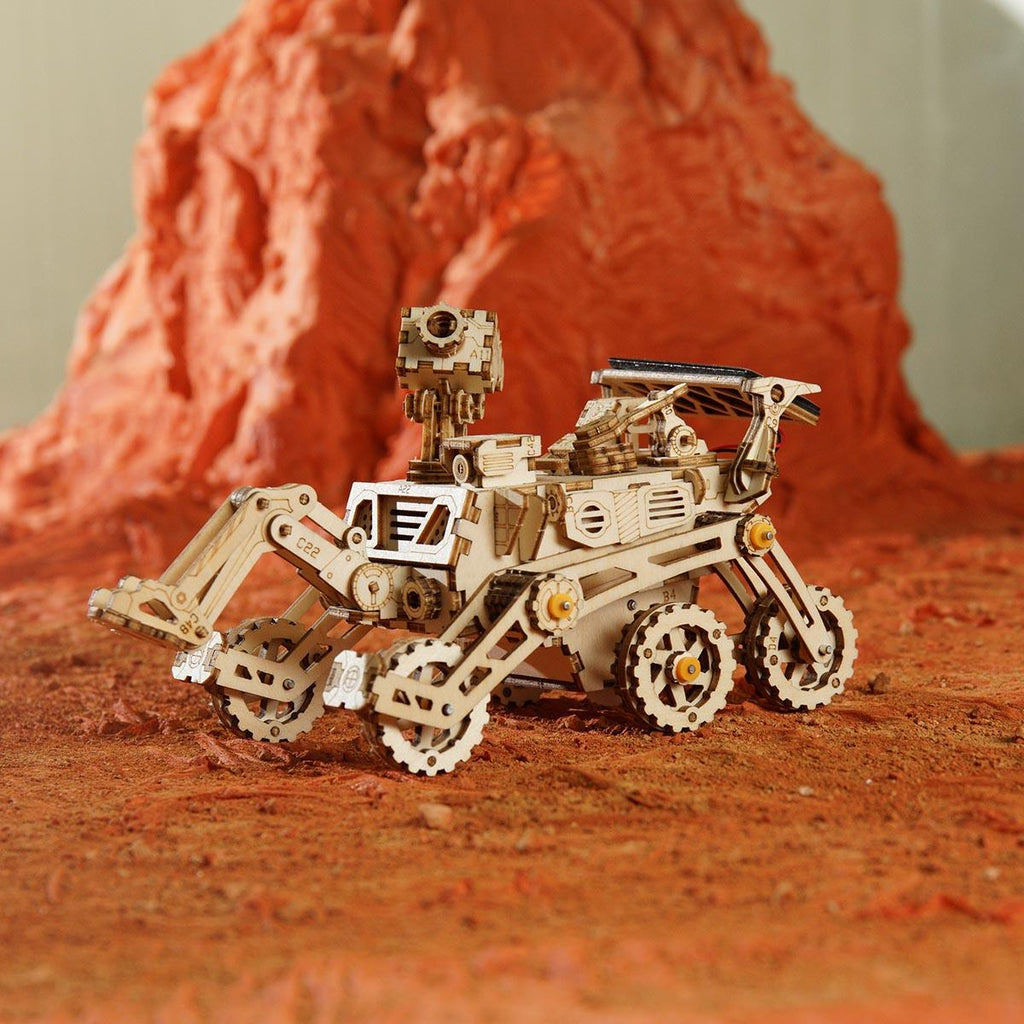 Solar powered motor wooden Mars rover that runs on sunlight with no batteries, renewable energy STEM building toy