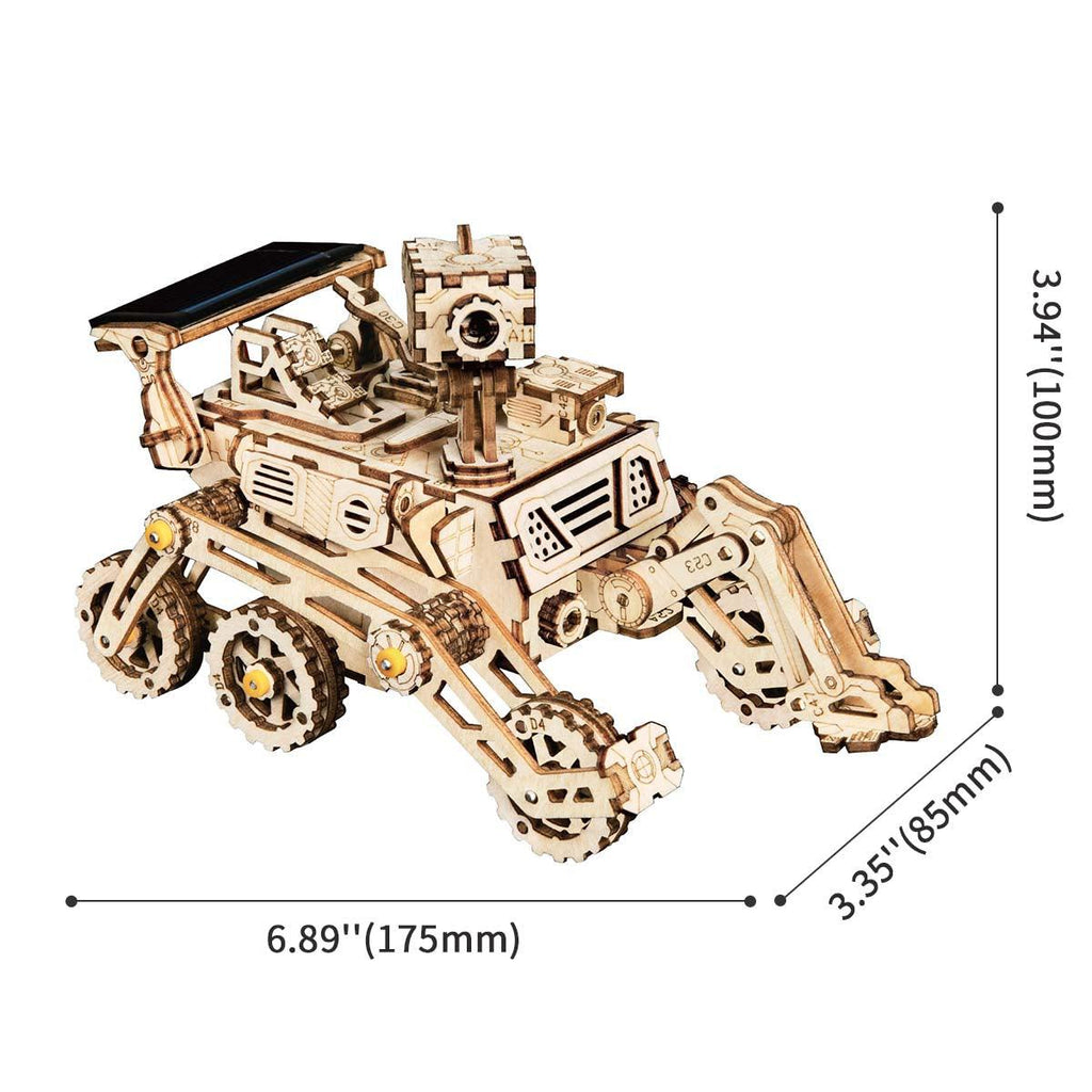 Hands on wooden Mars rover assembly kit with 209 precision cut parts, engaging STEM project for curious kids and teens
